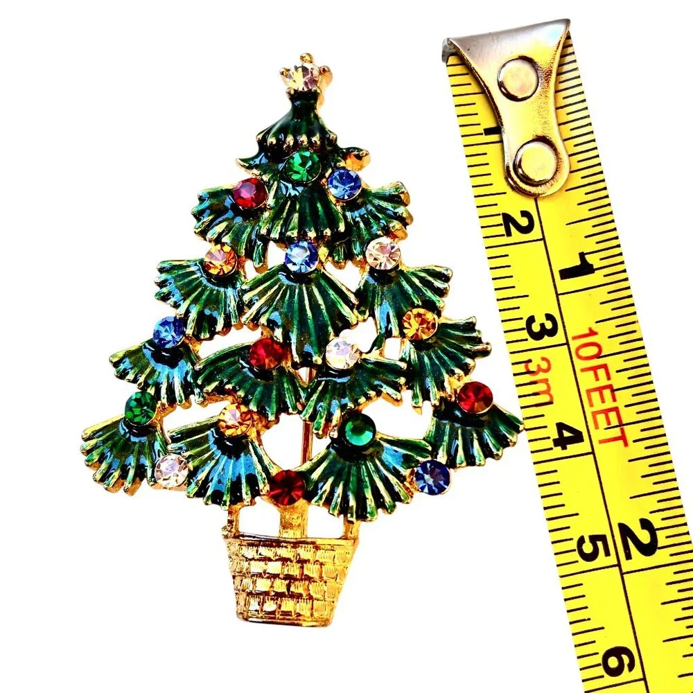 EISENBERG ICE Vintage Christmas Tree Brooch Green Enamel & Rhinestones Signed